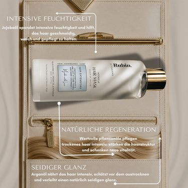 Vorher-Nachher-Effekt der Intensiv-Haarmaske Tiefenpflege für glänzendes, geschmeidiges Haar – Rubin Extensions®