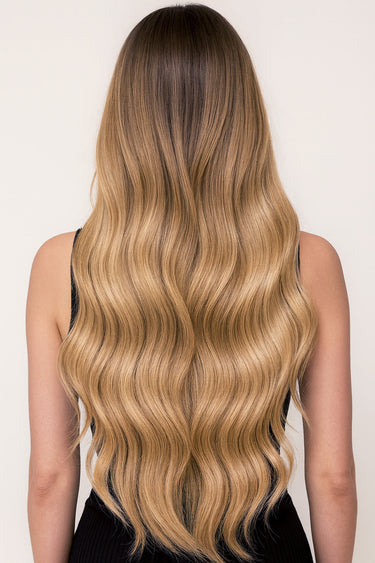 Model mit langem Haar im Farbton Caramel Mocha durch Clip-In Extensions – Rubin Extensions®