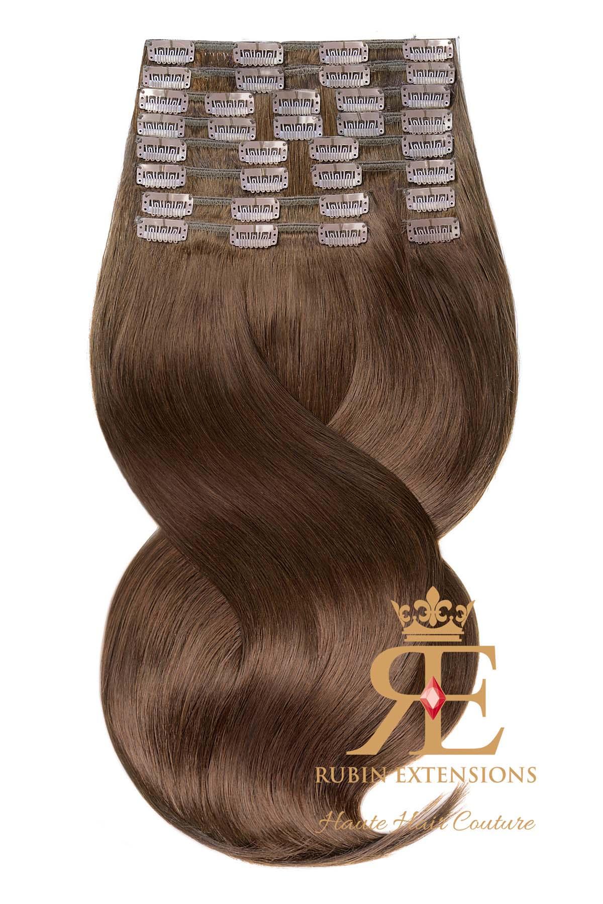 Clip-In Echthaar Extensions Kastanien-Dunkelbraun, Deluxe Line, wählbar in 60 cm oder 70 cm – Rubin Extensions®
