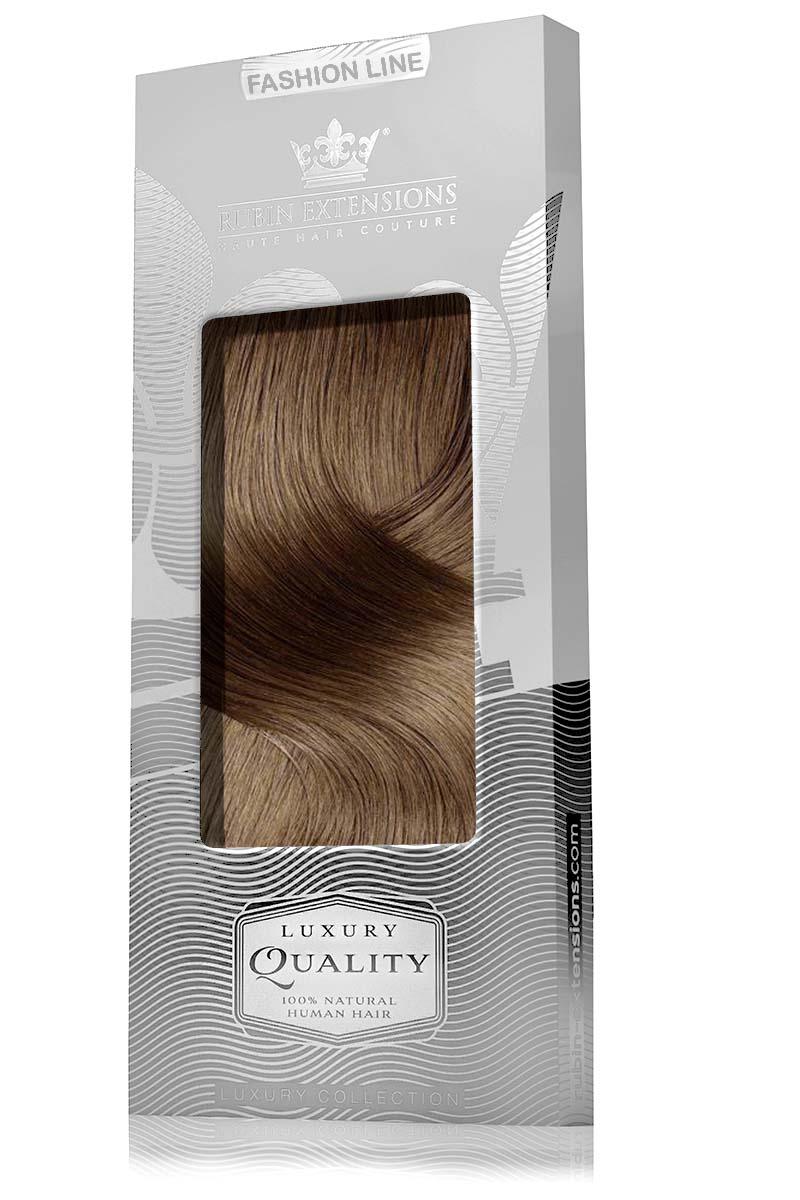 Verpackung der Clip-In Echthaar Extensions Natur-Goldbraun, Fashion Line, mit Markenlogo – Rubin Extensions®
