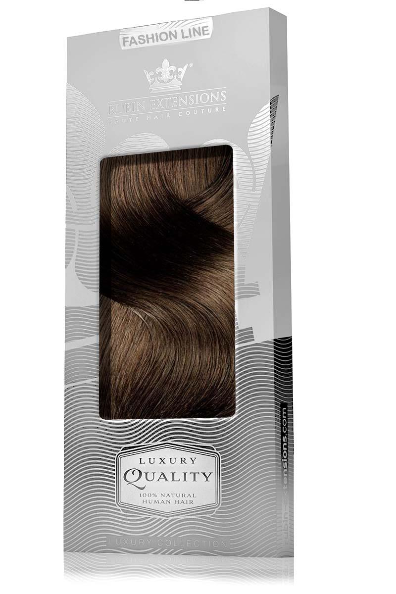Geschenkverpackung der Clip-In Echthaar Extensions Schoko-Dunkelbraun, Fashion Line, edel gestaltet – Rubin Extensions®