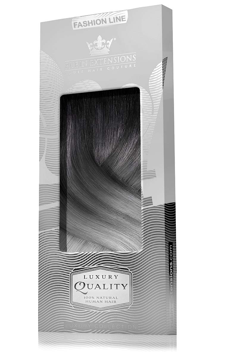 Verpackung der Clip-in Extensions Fashion Line in Schwarz & Silberblond – Rubin Extensions®