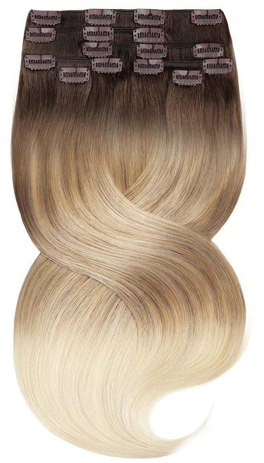 Clip-in Haarverlängerung Sombré Balayage in Natur-Goldbraun & Hellblond, Länge 50 cm, Remy-Echthaar – Rubin Extensions®