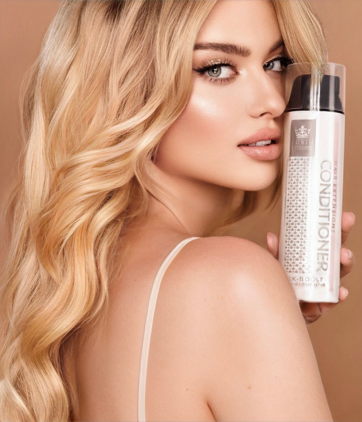 Rubin Extensions Conditioner Silk-Boost Antioxidant Repair für Echthaar Extensions, Nahaufnahme der Verpackung – Rubin Extensions®