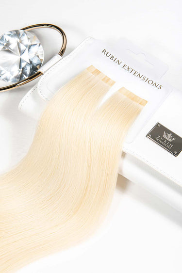 Produktverpackung der Keratin Bondings Haarsträhnen in Hellblond, Premium Line – Rubin Extensions®