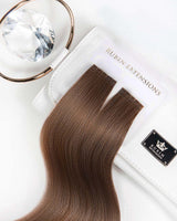 Produktverpackung der Keratin Bondings Haarsträhnen in Kastanien-Dunkelbraun, Premium Line – Rubin Extensions®
