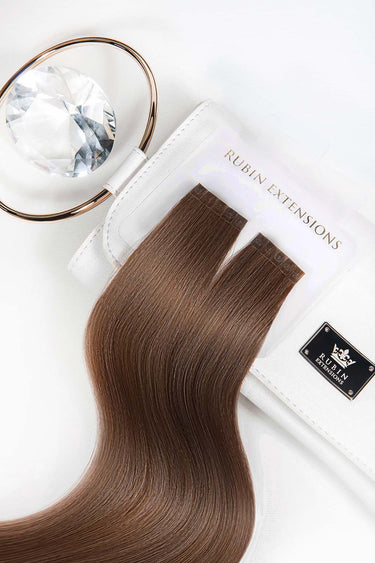 Produktverpackung der Keratin Bondings Haarsträhnen in Kastanien-Dunkelbraun, Premium Line – Rubin Extensions®