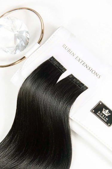 Verpackung der Keratin Bondings Haarsträhnen in Schwarz-Braun, Premium Line 100% Echthaar – Rubin Extensions®