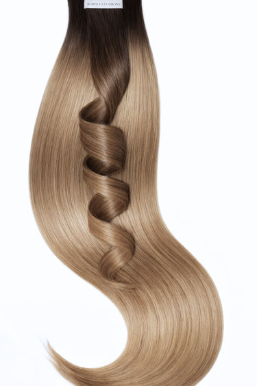 Tape-in Extensions Pro Deluxe Line mit kurzem Ansatz in Schwarz & Cool-Braun, ein- oder doppelseitig anwendbar – Rubin Extensions®