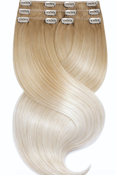 Clip-in Extensions in Honigblond & Silberblond, Sombre-Balayage-Farbverlauf, 100% Echthaar – Rubin Extensions®
