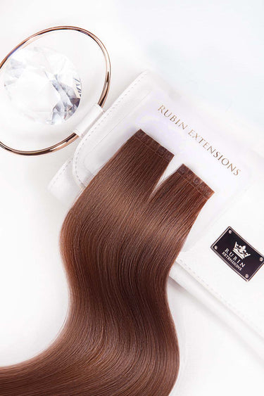 Geschenkverpackung der Keratin Bondings Haarsträhnen in Mahagoni-Braun, Premium Line – Rubin Extensions®