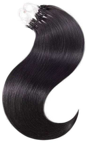 Naturbelassene Microring-Strähnen in tiefem Schwarz, ideal für dichtes und langes Echthaar – Rubin Extensions®