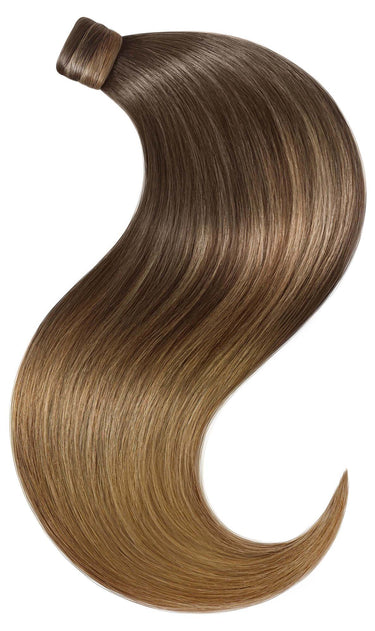 Ponytail Extensions in Schoko-Dunkelbraun & Hellbraun-Karamell, 100% Echthaar, Länge 56 cm, Sombre-Farbverlauf – Rubin Extensions®