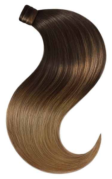 Ponytail Extensions in Schwarz & Hellbraun-Karamell, Sombre-Balayage, 100% Echthaar, Länge 36–56 cm – Rubin Extensions®