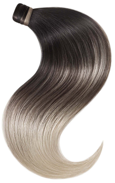 Clip-In Ponytail Luxury Extensions in Sombre Schwarz & Silberblond, Länge 36–56 cm, 100% Echthaar – Rubin Extensions®