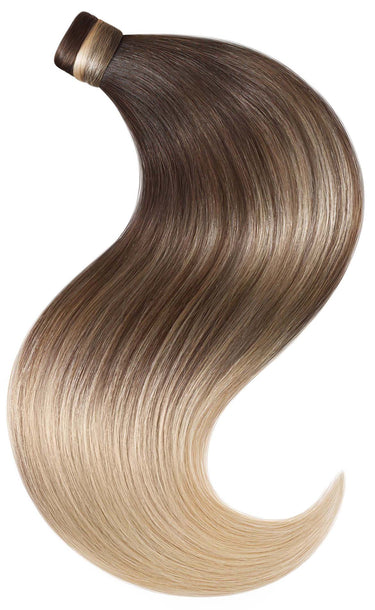 Clip-In Ponytail Extensions in Schoko-Dunkelbraun & Honigblond, Gesamtansicht, 100% Echthaar – Rubin Extensions®