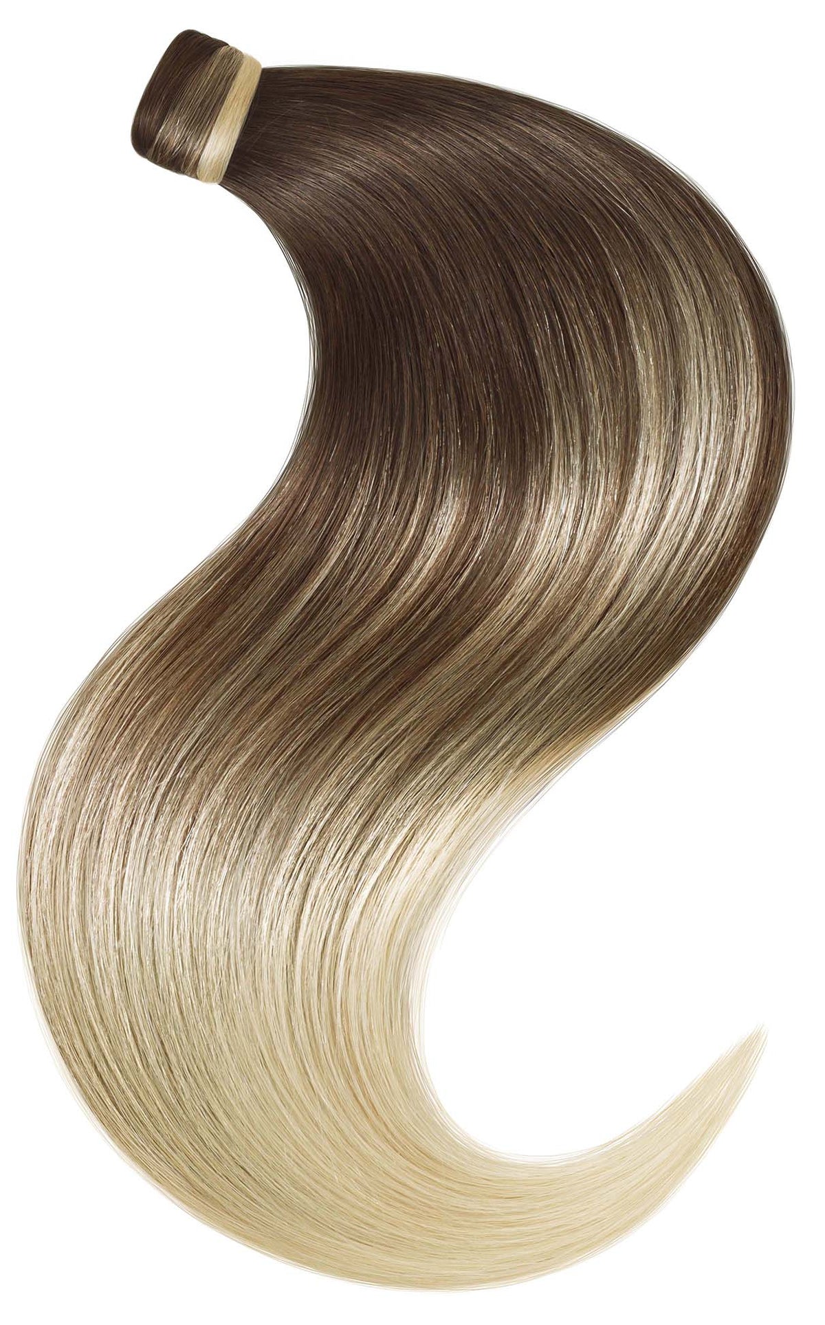 Nahaufnahme des Ponytail-Clips in Schoko-Dunkelbraun & Platinblond, Remy Echthaar – Rubin Extensions®