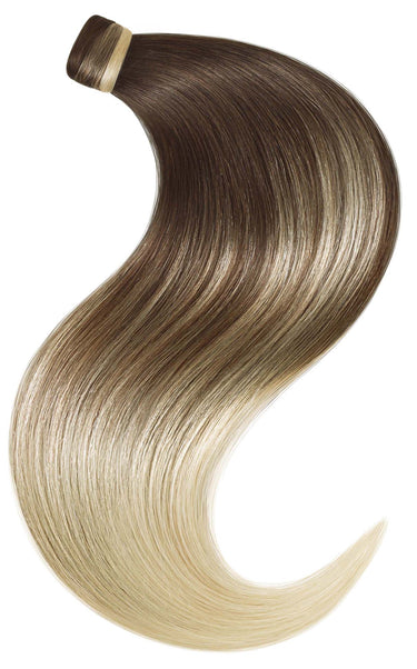 Nahaufnahme des Ponytail-Clips in Schoko-Dunkelbraun & Platinblond, Remy Echthaar – Rubin Extensions®
