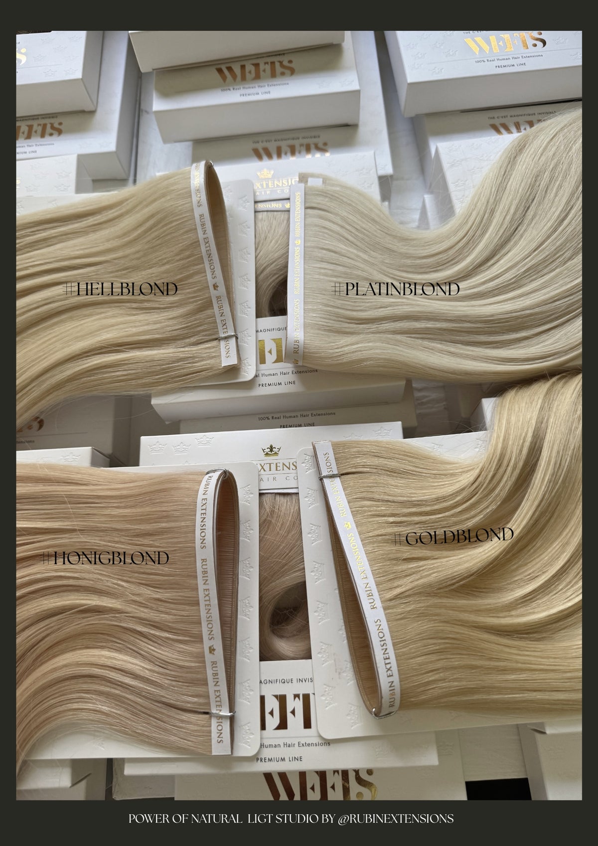 Genius Wefts Tressen im Farbvergleich: Hellblond, Platinblond, Honigblond und Goldblond – Rubin Extensions®
