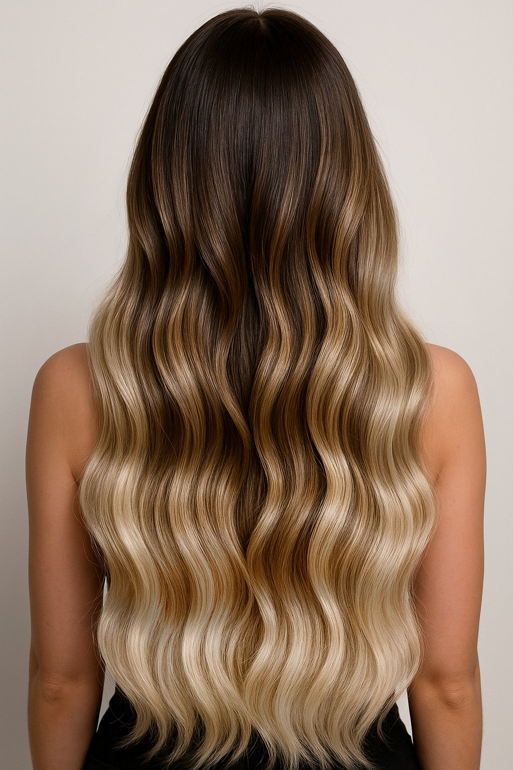 Model mit Clip-in Extensions Deluxe Line im Sombré-Look Schoko-Dunkelbraun & Platinblond, 100% Echthaar – Rubin Extensions®