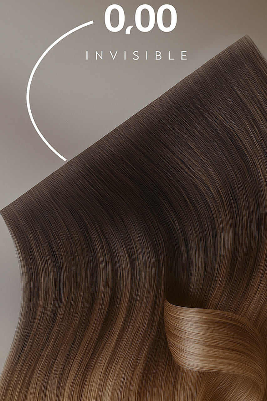 Hängende Tape-In Echthaarsträhnen in Schwarz im Detail – Rubin Extensions®