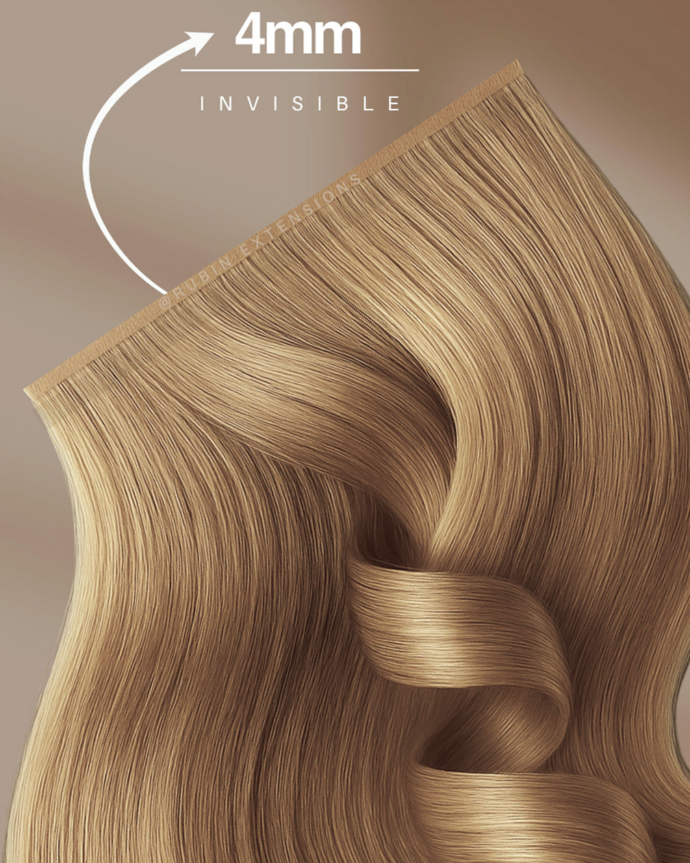 Nahaufnahme der glänzenden Haarspitzen in Schoko-Dunkelbraun, Tape-In Extensions in Remy Qualität – Rubin Extensions®