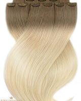 Clip-in Echthaartresse flach ausgelegt in Natur-Goldbraun & Hellblond, Fashion Line, kurzer Ansatz – Rubin Extensions®