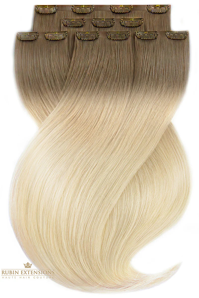 Clip-in Echthaartresse flach ausgelegt in Natur-Goldbraun & Hellblond, Fashion Line, kurzer Ansatz – Rubin Extensions®