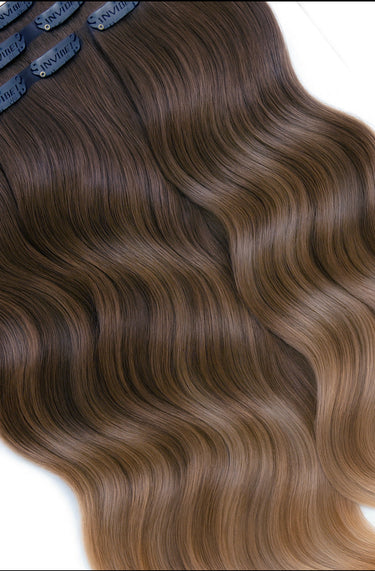 Clip-in Extensions in Schoko-Dunkelbraun & Hellbraun-Karamell, Sombre-Balayage, Fashion Line, 51 cm – Rubin Extensions®