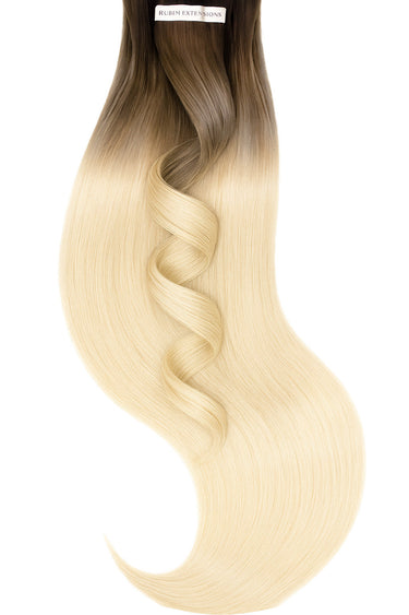 Tape-in Extensions Pro-Deluxe Line, Balayage-Farbverlauf Natur-Goldbraun & Hellblond auf glänzendem Remy-Echthaar – Rubin Extensions®