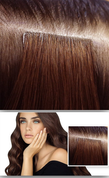 Model im Alltagslook mit Tape-In Extensions in Schoko-Dunkelbraun – Rubin Extensions®
