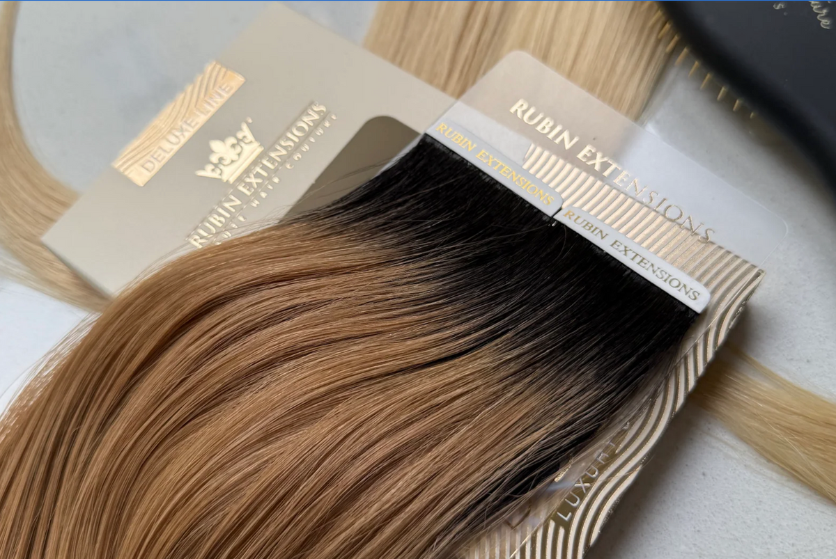 Produktverpackung der Tape-in Extensions Schwarz & Hellbraun-Karamell aus der Ombre Line, Remy Echthaar – Rubin Extensions®