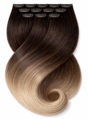 Clip-in Extensions Sombré Balayage in Schoko-Dunkelbraun & Honigblond, Länge 45–50 cm – Rubin Extensions®