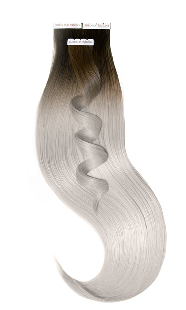 Tape-in Extensions Set in Schoko-Dunkelbraun & Silberblond, Sombre-Farbverlauf, 51 cm, 100% Echthaar – Rubin Extensions®