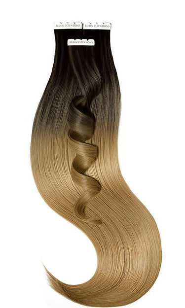 Sombré Tape-in Extensions Pro Deluxe Line in Schwarz-Braun & Hellbraun-Karamell, 100% Echthaar – Rubin Extensions®