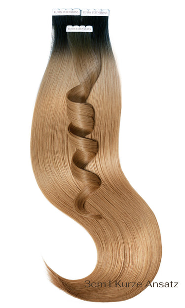 Tape-in Extensions Komplettset in Schwarz & Hellbraun-Karamell, Sombre-Farbverlauf, 100% Echthaar Remy Qualität, Länge 51 cm – Rubin Extensions®