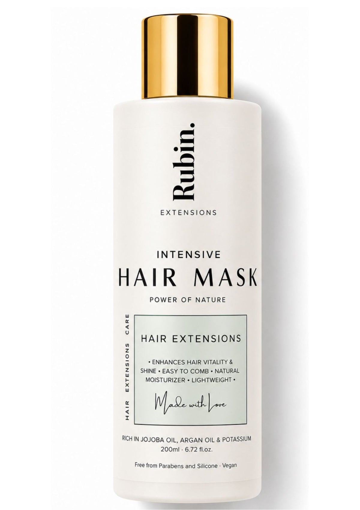 Intensiv-Haarmaske Tiefenpflege 200ml, Frontalansicht der Verpackung für geschmeidiges Echthaar – Rubin Extensions®