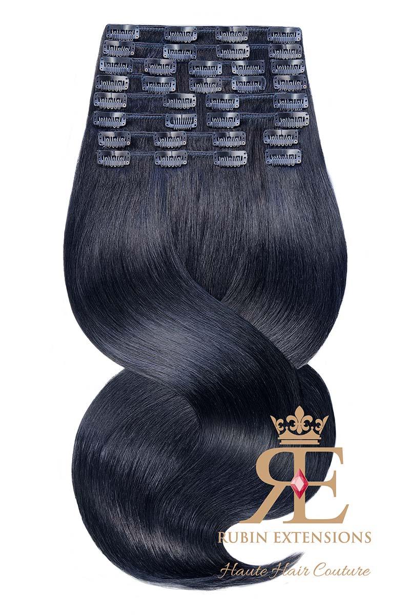 Aufgefächertes Tressen-Set der Clip-In Echthaar Extensions Schwarz, Deluxe Line, 100% Echthaar in Remy Qualität – Rubin Extensions®