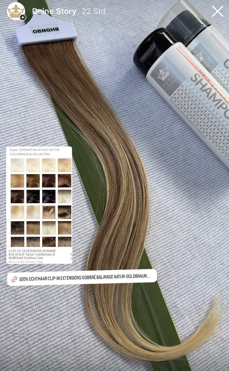 Model mit Clip-in Haarverlängerung in Natur-Goldbraun & Hellblond, Aufnahme aus Zürich – Rubin Extensions®