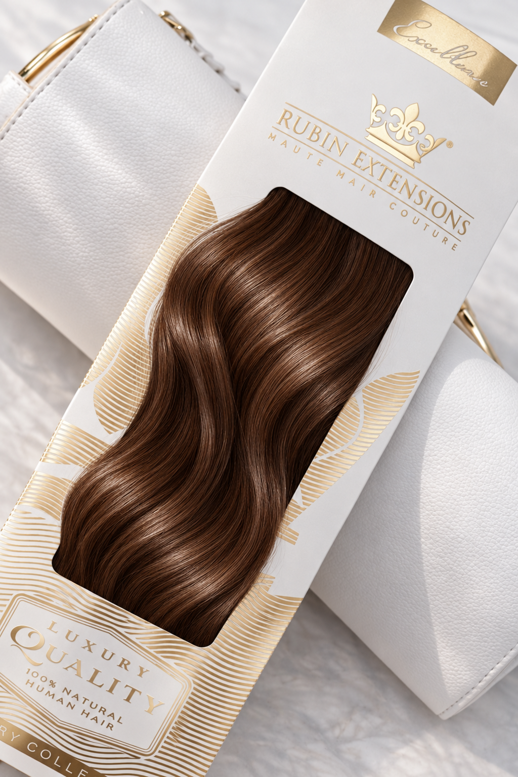 Rubin Extensions Tape-in Excellence Line in Kastanien-Dunkelbraun, mit seidigen Wellen in einer weiss-goldenen Verpackung.