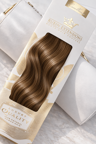 Rubin Extensions Tape-in Excellence Line in Natur-Goldbraun, mit seidigen Wellen in einer weiss-goldenen Verpackung.