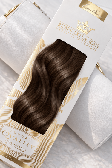 Rubin Extensions Tape-in Excellence Line in Schoko-Dunkelbraun, mit seidigen Wellen in einer weiss-goldenen Verpackung.