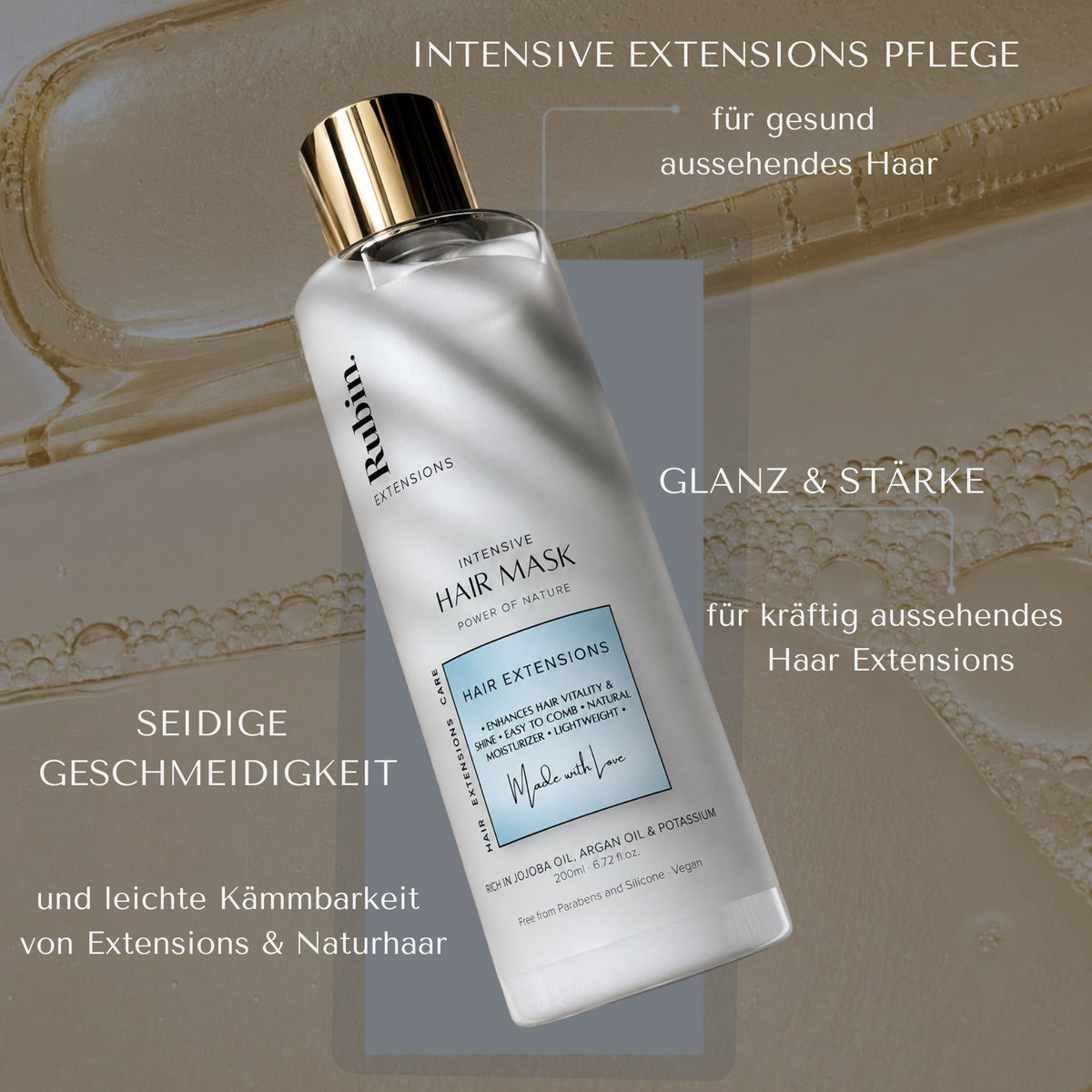 Intensiv-Haarmaske Tiefenpflege 200ml im Grössenvergleich zur Handfläche – Rubin Extensions®