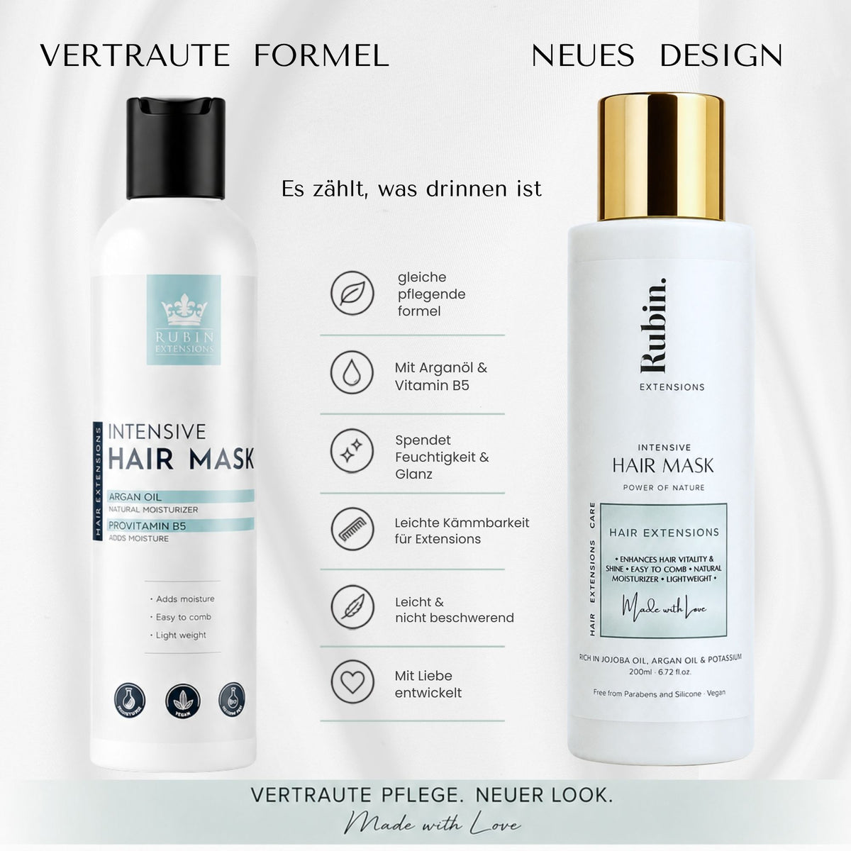 Intensiv-Haarmaske Tiefenpflege 200ml, Verpackung im Badezimmer-Setting arrangiert – Rubin Extensions®