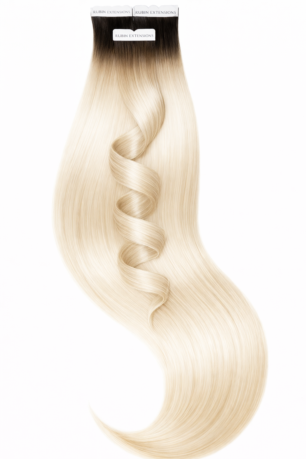 Stilisierte Produktdarstellung der Tape-in Extensions Pro Deluxe Line in Schwarz-Braun & Platinblond – Rubin Extensions®
