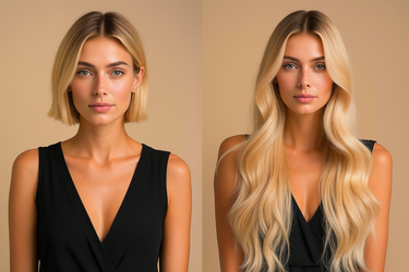 Model mit vollem, natürlichem Haarbild durch Tape-In Extensions in Honigblond – Rubin Extensions®