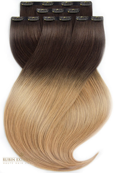 Invisible Line Clip-In Extensions Caramel Mocha, Vollansicht 30–50 cm, 100% Echthaar – Rubin Extensions®
