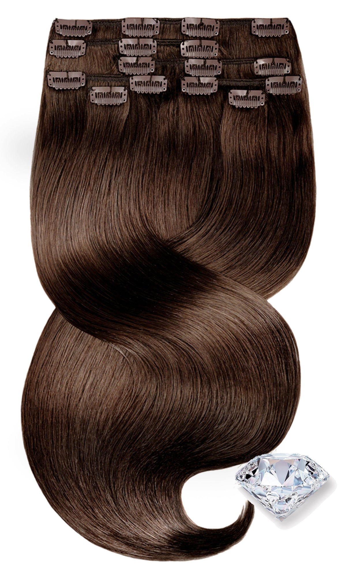 Clip-In Extensions Diamond Line Kastanien-Dunkelbraun, Vollansicht 30–50 cm, 100% Echthaar – Rubin Extensions®