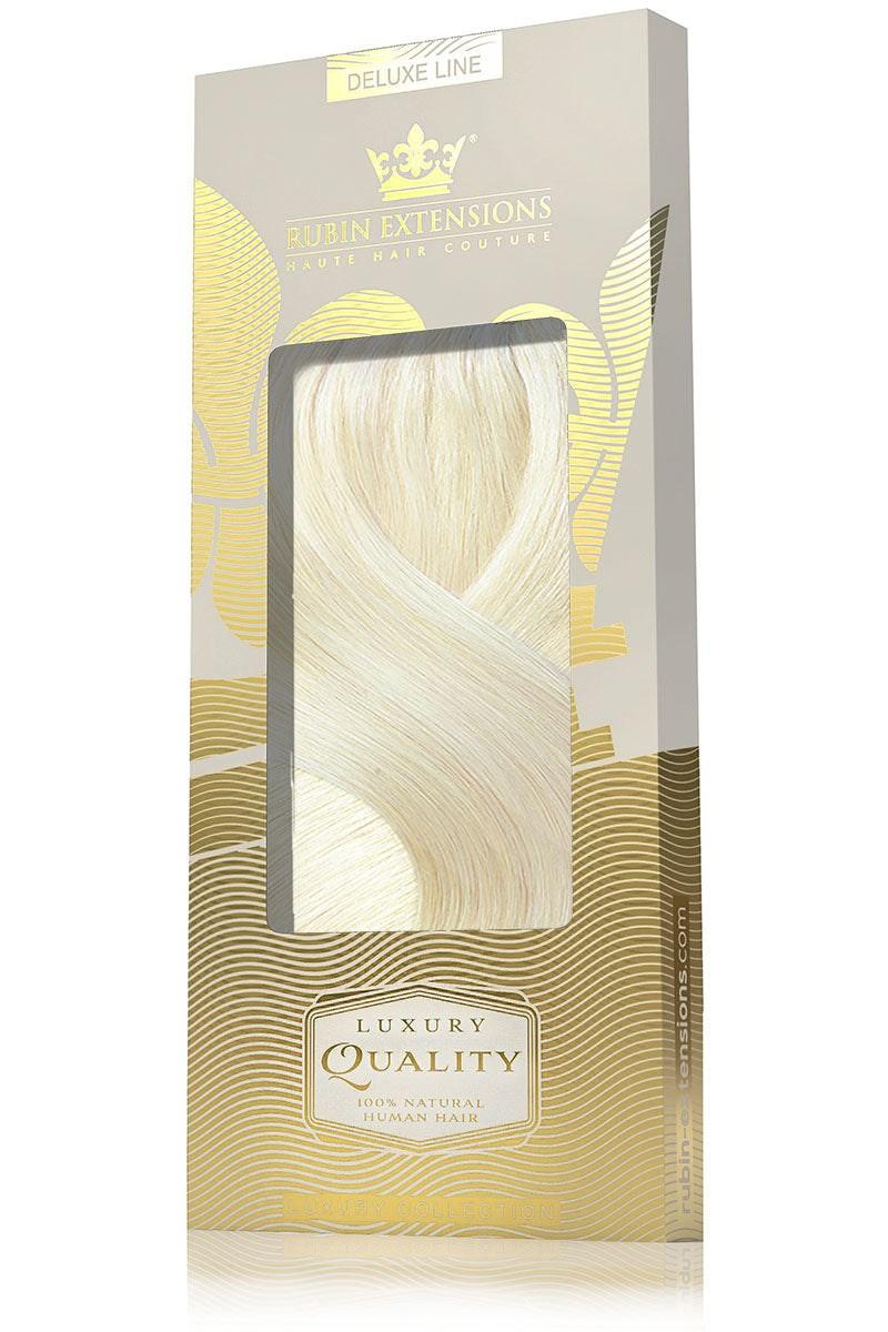 Produktverpackung der Clip-In Echthaar Extensions Goldblond, Deluxe Line – Rubin Extensions®