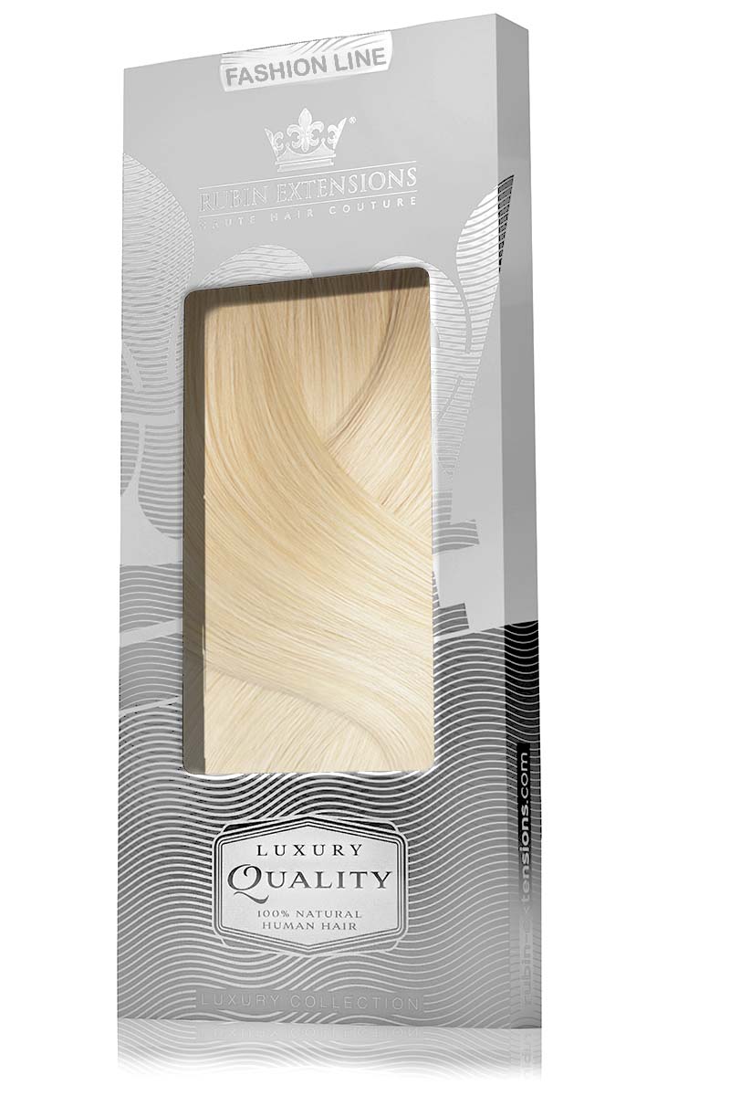Verpackung der Clip-in Echthaarsträhnen in Honigblond & Platinblond – Rubin Extensions®